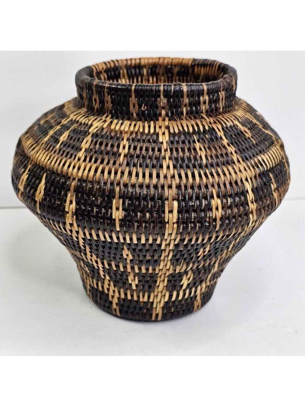 Handwoven Wicker Basket Vase Tribal Geometric Black Tan Decorative Pot 6"
